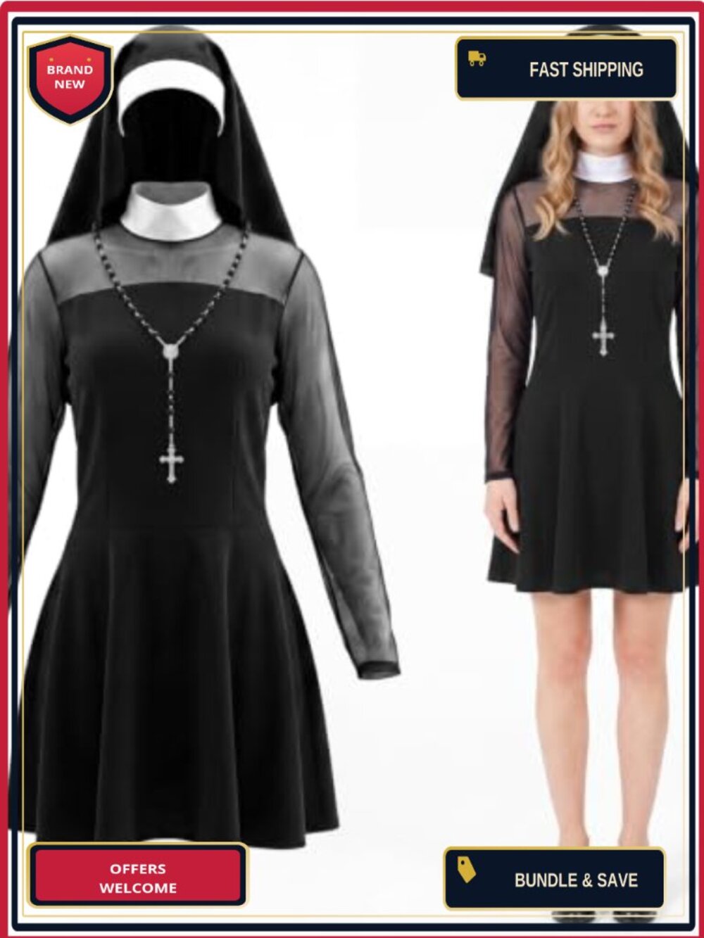Sexy Sister Nun Costume 3 Piece Mini Dress Veil Cross Pendant
